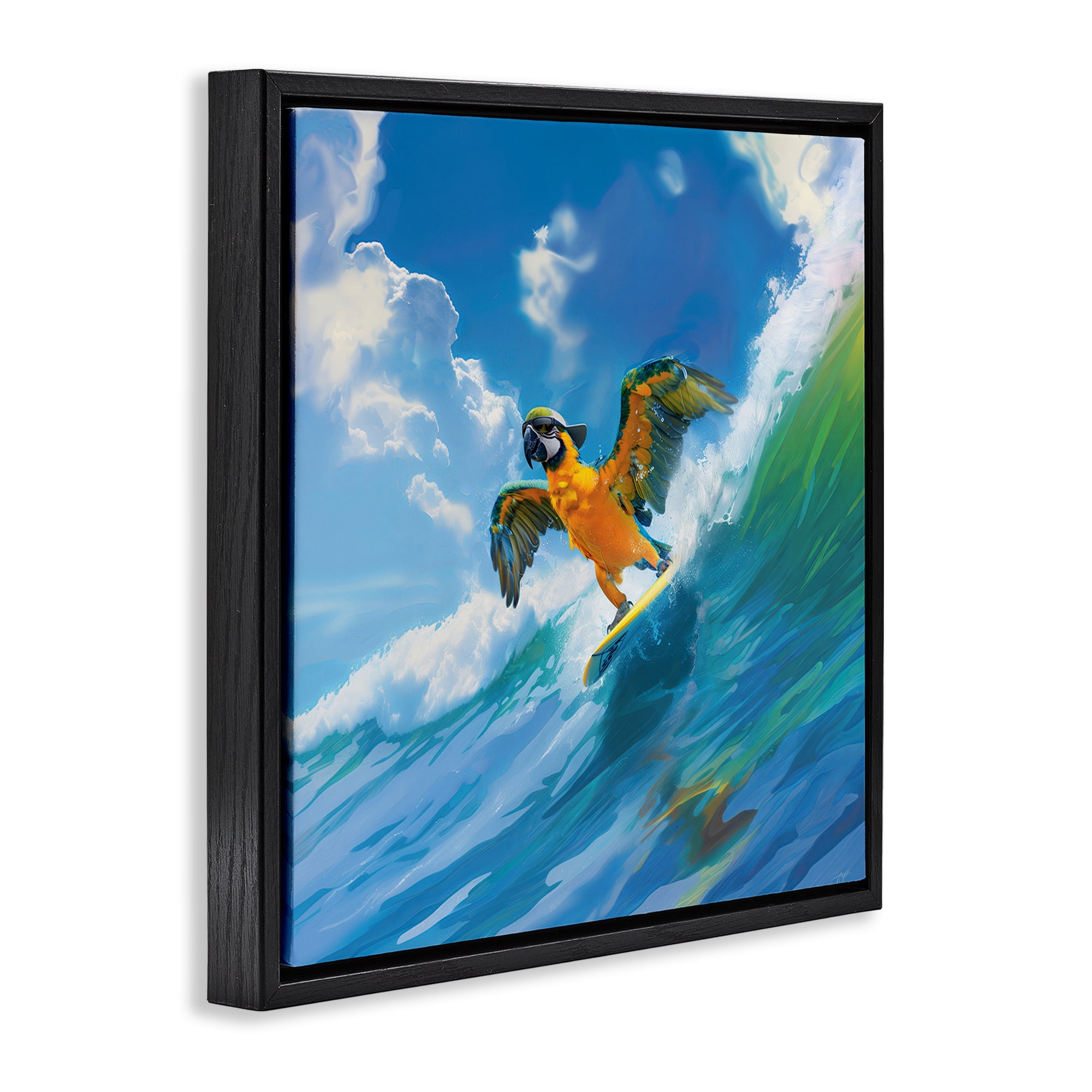 Stupell Industries Parrot Surfing Sea Waves Nautical & Beach Painting Black Floater Framed Canvas Art Print Wall Art, 18 x 18