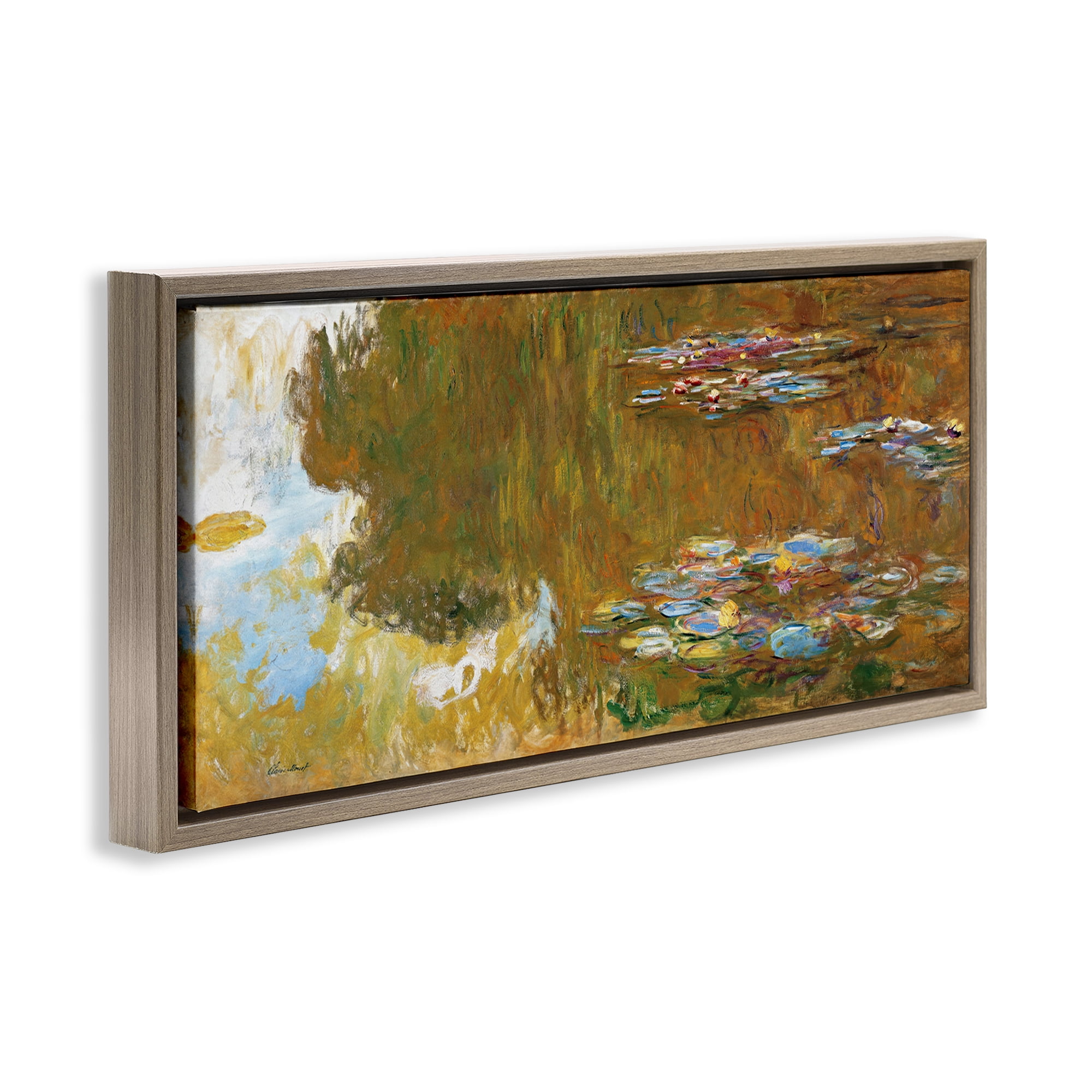 Stupell Industries Classic Monet Water Lily Pond Landscape & Nature Painting Brown Floater Framed Canvas Art Print Wall Art, 31 x 14
