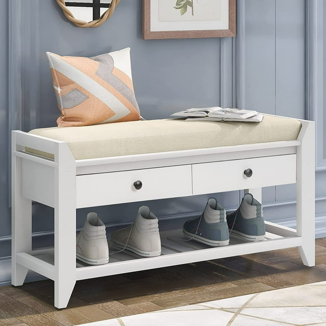 Banc de Rangement d'Entrée avec Siège Coussiné, Étagère à Chaussures avec 2 Tiroirs et Tablette de Rangement, Blanc