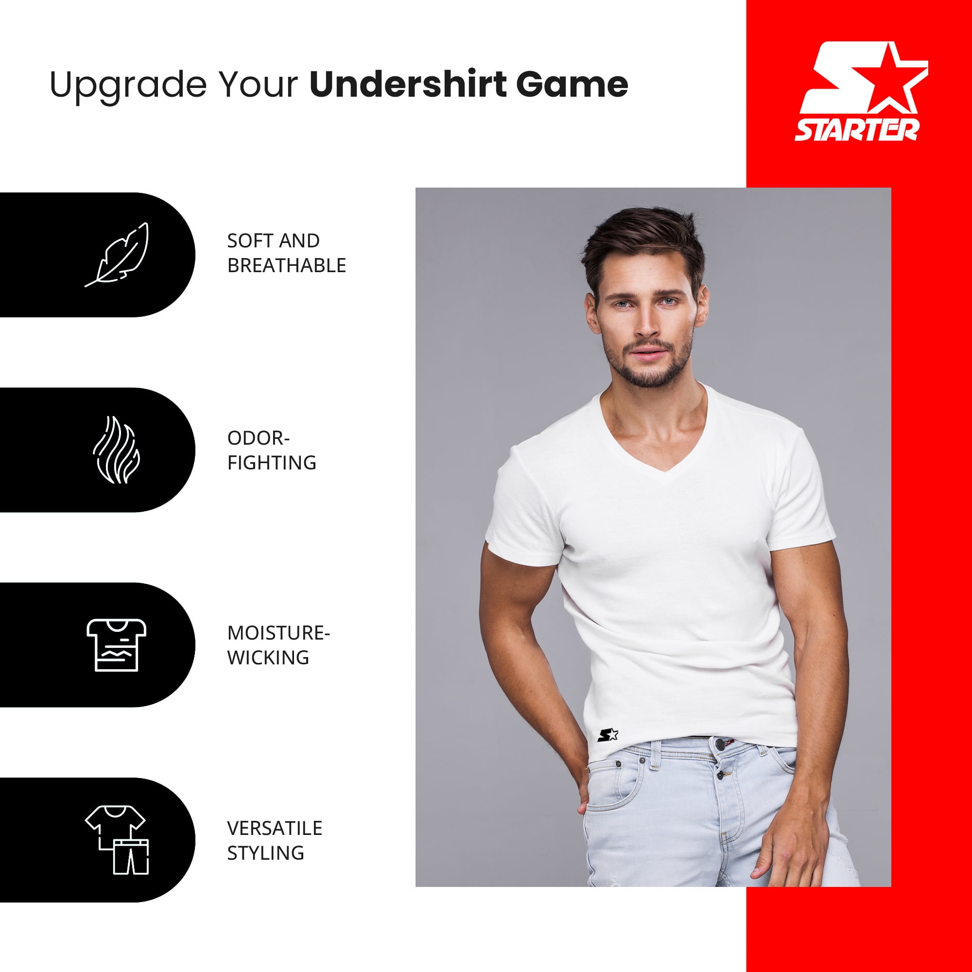 Starter Men's V-Neck Tees with Short Sleeves, 6-Pack