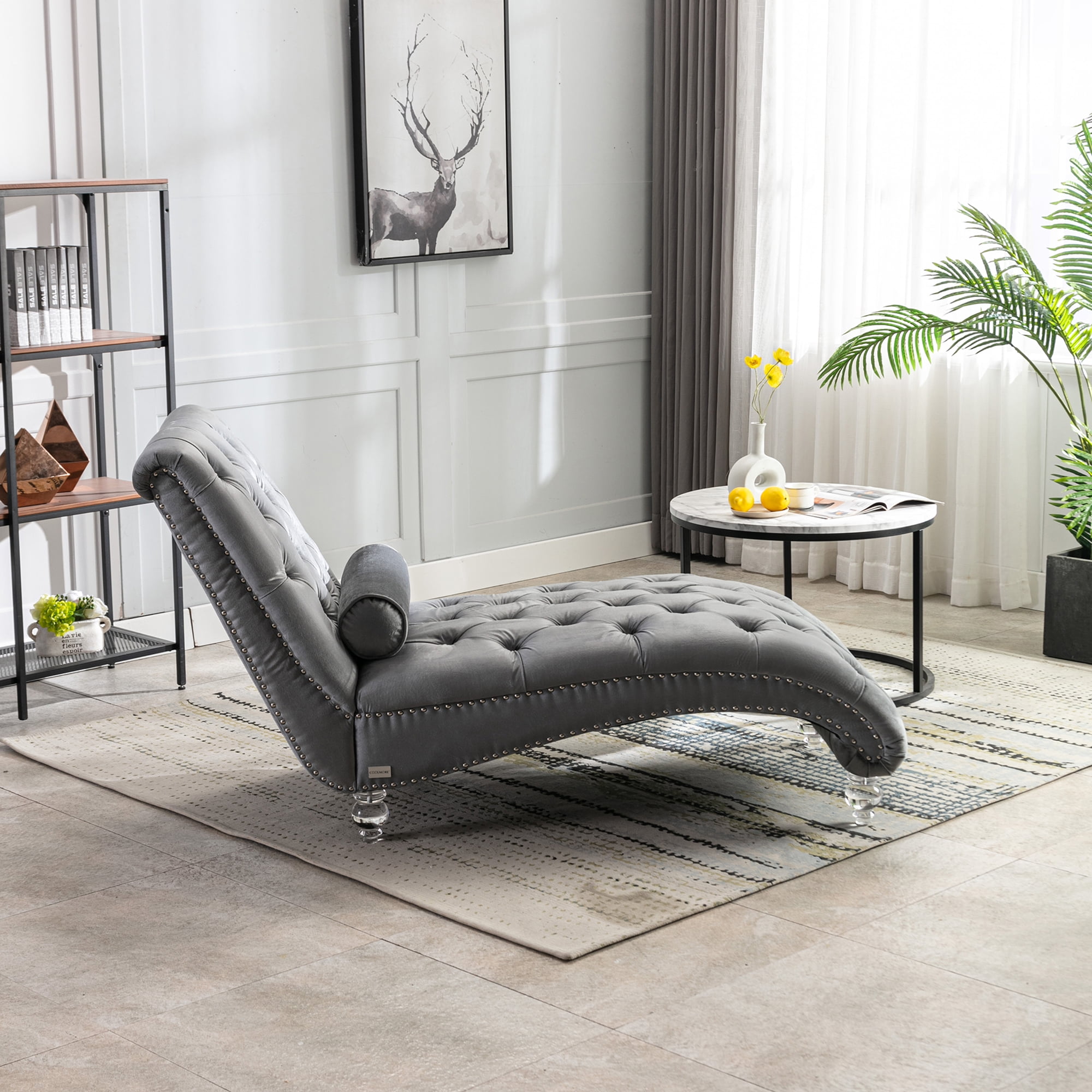 MAYEERTY Velvet Chaise Lounge Indoor,Button-Tufted Upholstered Chaise Lounge Chair with Pillow for Bedroom Living Room Office，Silver Velvet