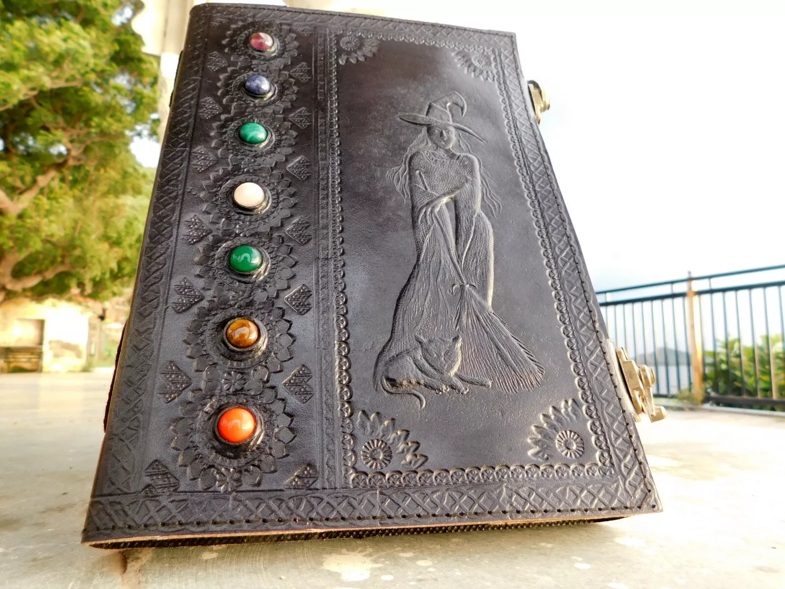 Handcrafted Embossed Witch Design Vintage Leather Bound Journal Seven Stone Grimoire Diary Blank Notebook For Men & Women