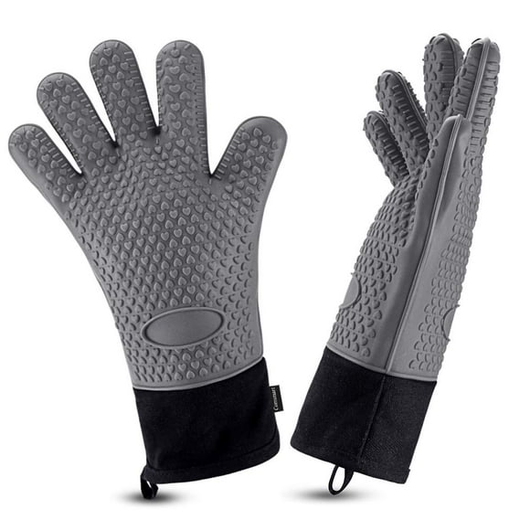 Comsmart BBQ Gloves, Heat Resistant Silicone Grilling Gloves, Long Waterproof BBQ Kitchen Oven Mitts with Inner Cotton Layer for Barbecue, Cooking, Baking, Smoker-Grey