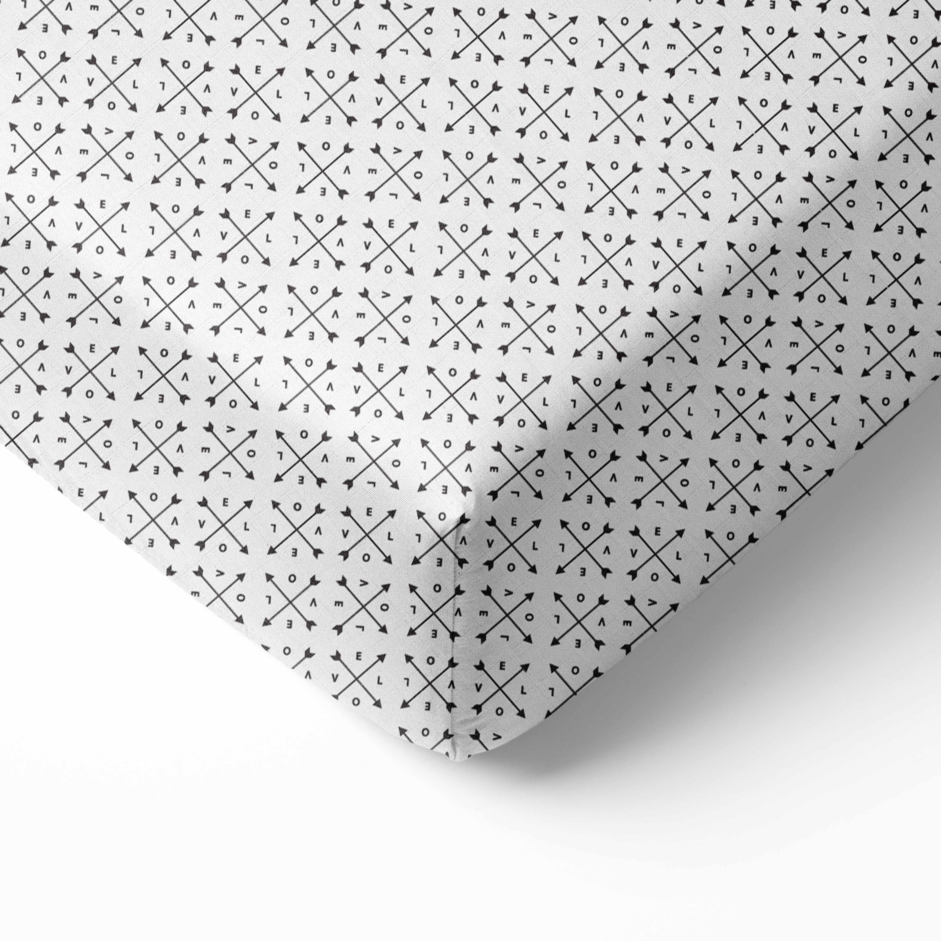 Crib or Toddler Bed Fitted Sheet 100% Cotton Muslin, Aztec Love Black