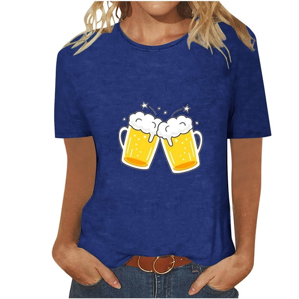 Tops Cortos para Mujeres, Oktoberfest Casual Impreso Cuello Redondo Manga Corta Camiseta Top Hecho de Poliéster para la Primavera Verano Uso Diario, Camisetas Casuales de Mujer