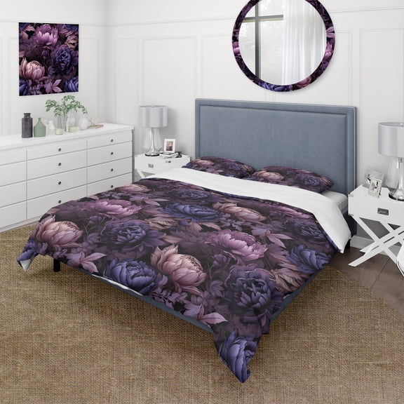 Designart "Moody Gothic Botanicals" Purple Floral Bedding Covert Set - Cottage Bed Set With 2 Shams