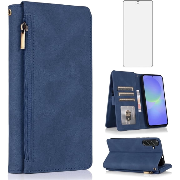 Asuwish Wallet Kickstand Hard Shell Cell Phone Case with Tempered Glass Screen Protector for Samsung Galaxy A36, Blue