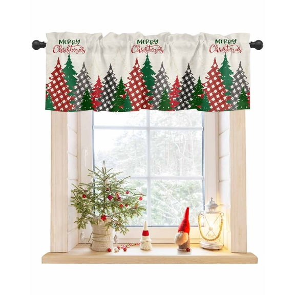 Red Green Gray Christmas Curtain Valance for Windows/Living Room/Kitchen/Bathroom/Café, Short Rod Pocket Tier Curtain Window Treatment Panel Xmas Tree Snowflake Plaid Rustic Topper Curtain 54''x18''