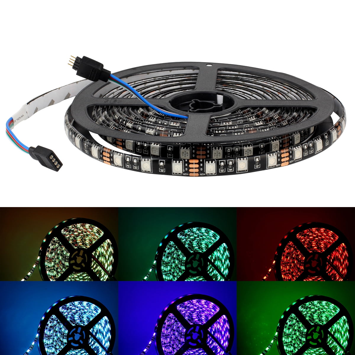 SUPERNIGHT 2Pcs 5M RGB 300LEDs Flexible 60Leds/m SMD 5050 Black PCB LED Strip Light IP65 Waterproof + Dual Ports 44Keys IR Controller + DC 12V Power Supply