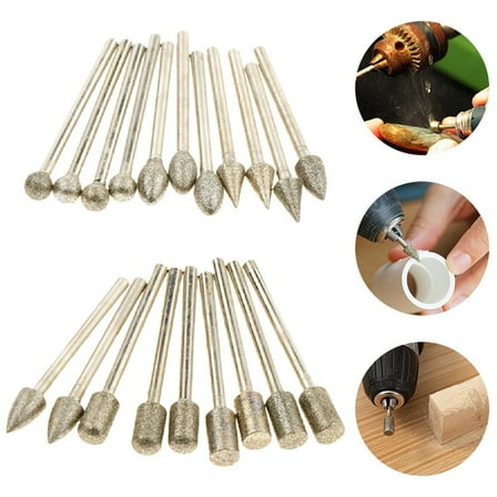 20pcs Diamond Burr Carving Set Grinding Head Rotary Tool Accessories For Electric Mill Polishing Glass Plastic Wood Stone