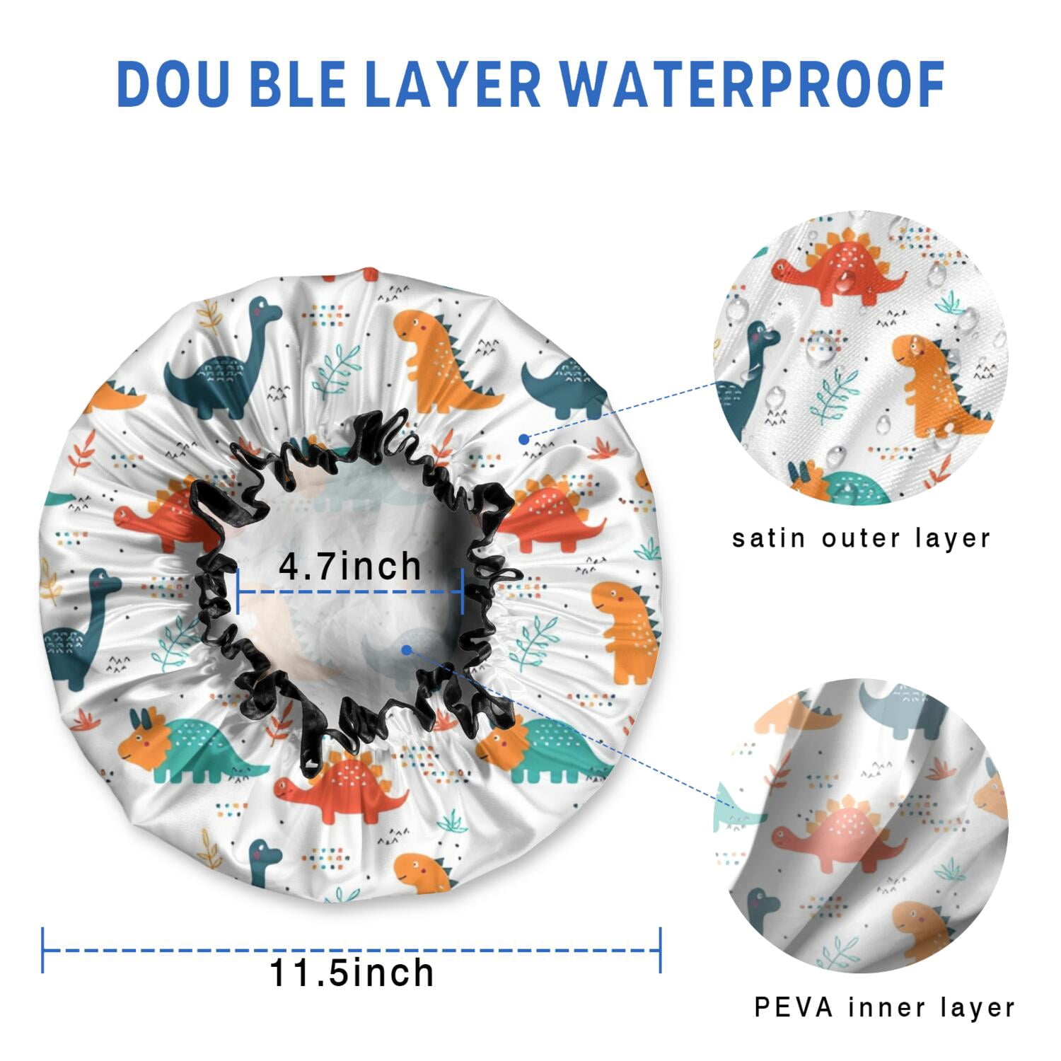 Shower Caps,White Cartoon Dinosaurs Pattern Waterproof Shower Cap for Women 4 Pieces,Double Reusable Hair Cover for Shower PEVA Elastic Stretch Hem