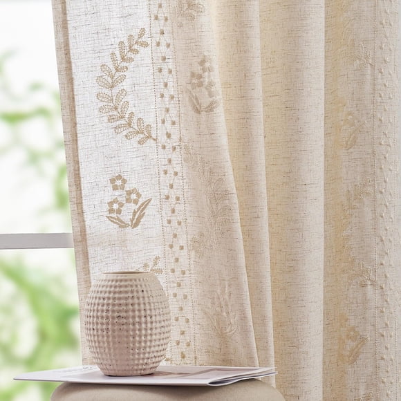 jinchan Belrose Linen Curtains for Bedroom Floral Curtains 96 Inch Length Linen Blend Ivory Embroidered Drapes Farmhouse Flower Patterned Drapes for