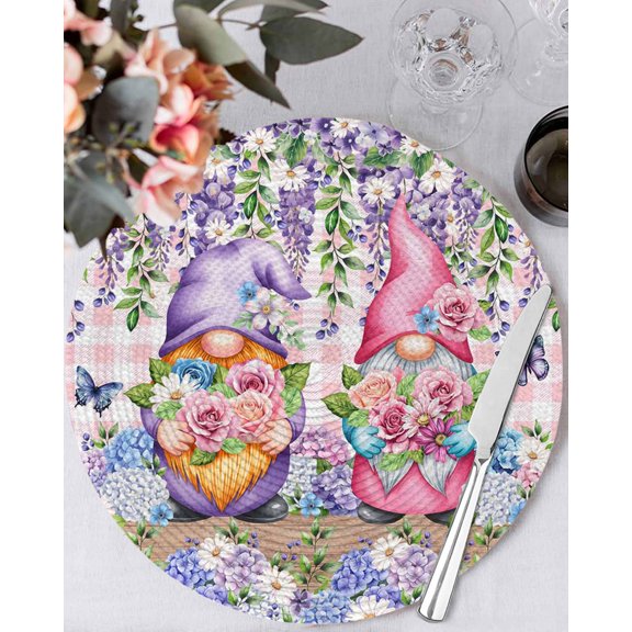 13 Inch Round Placemats Set of 6, Blue Purple Gnomes Non Slip Heat Insulation PP Table Mats, Spring Hydrangea Flower Leaf Pink Plaid Washable Place Mats for Kitchen Dining Party Table Decor