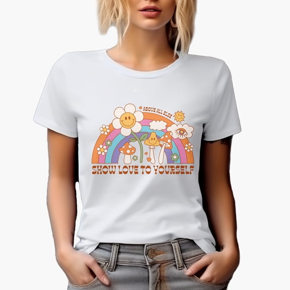 Distressed Above All Else, Show Love to Yourself - Retro Rainbow Art Merch Gift, White T-Shirt, Small