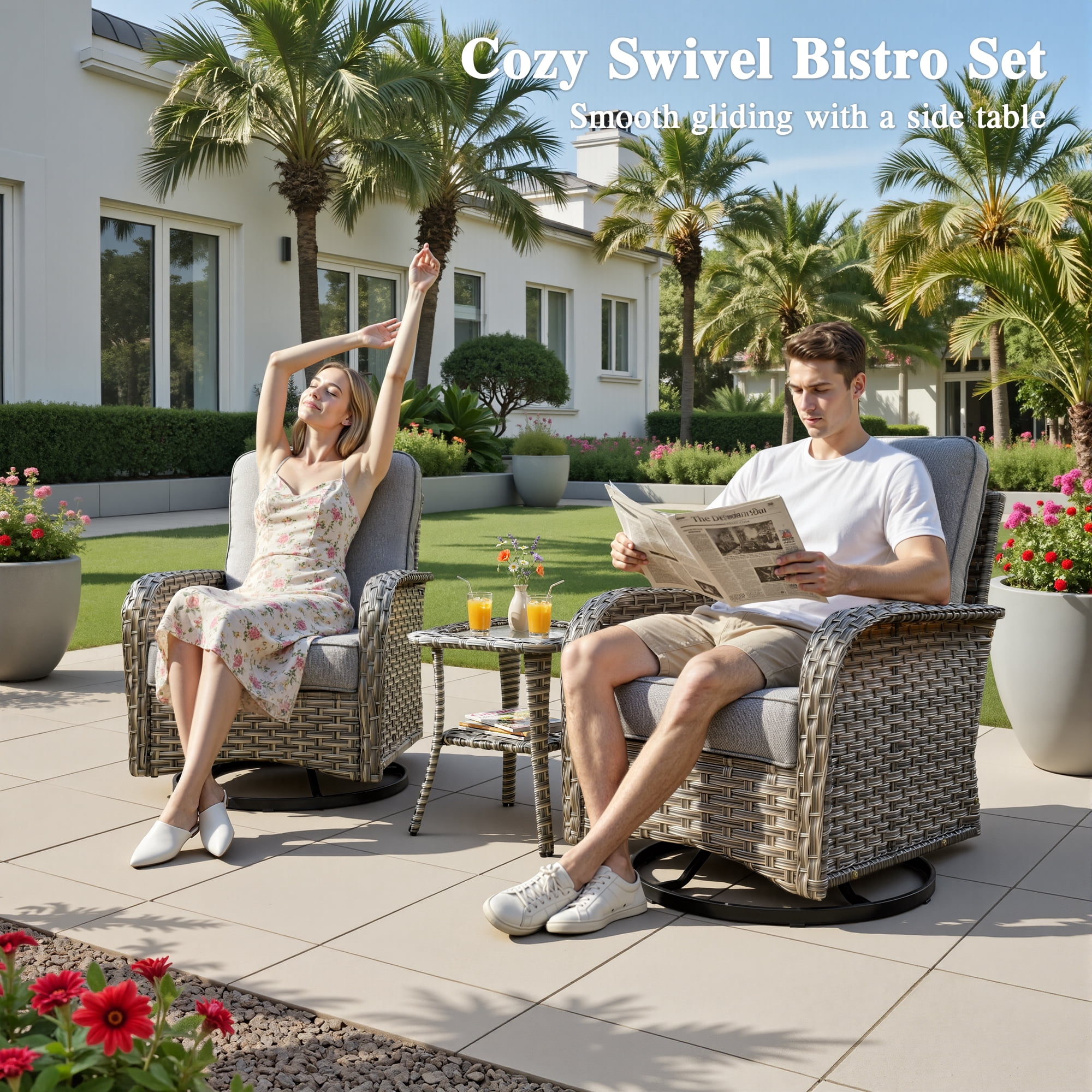 Ovios 9 Pieces Wicker Patio Furniture Sets Outdoor Conversation Sectional Sofa with Swivel Chairs & Fire Pit