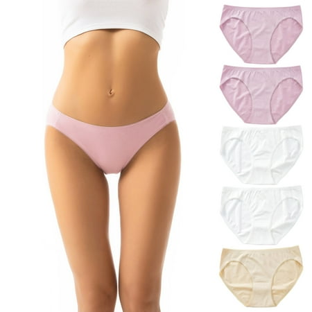 Hipattires Womens Panties Cotton Pink Plain Bikini Plus Size Comfortable Elastic 5 Pack Briefs Breathable Panties