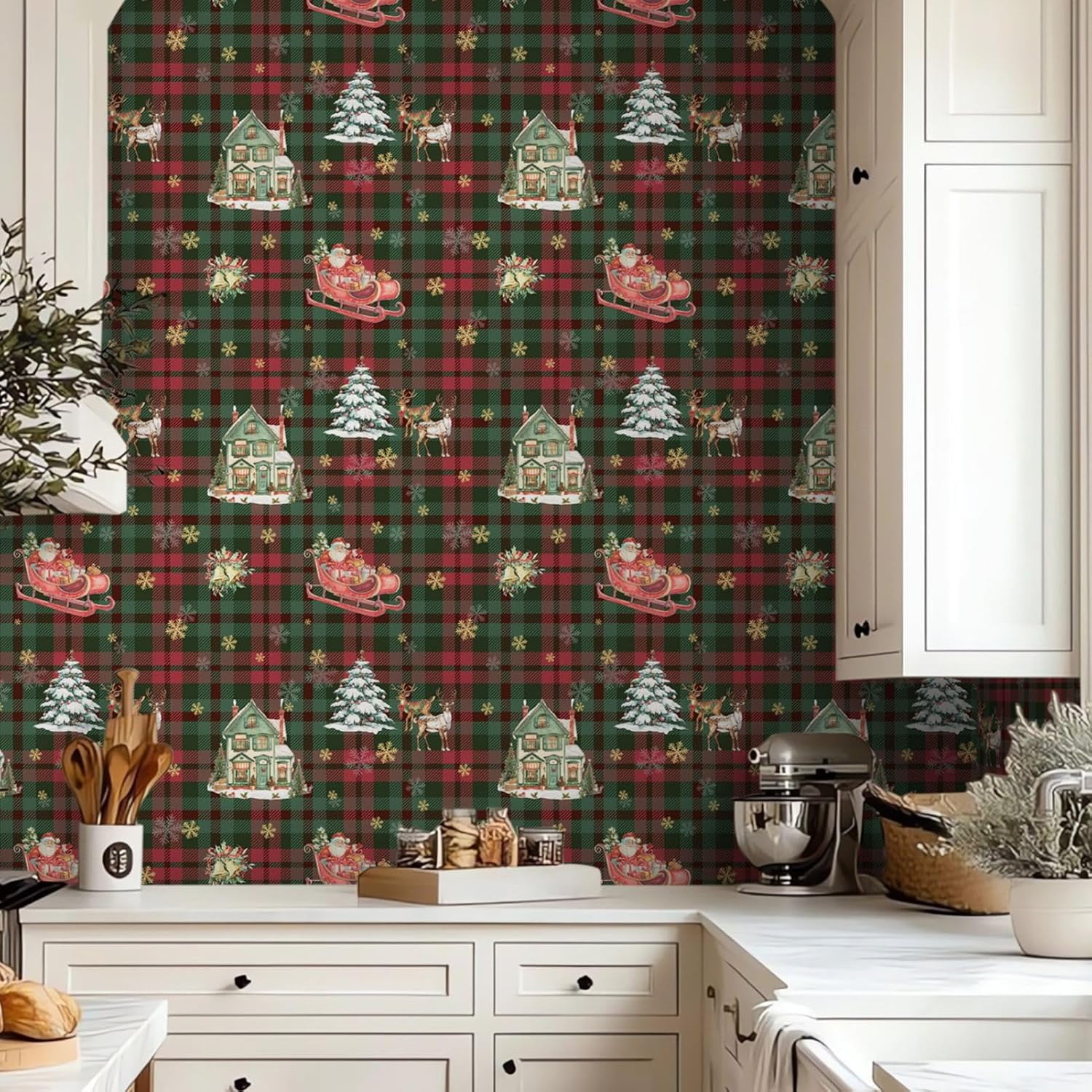 Christmas Contact Paper Removable Self-Adhesive Wallpaper 17.3"x118" Green and Red Waterproof Christmas Peel and Stick Wallpaper for Bedroom Window Fireplace Indoor Decoration