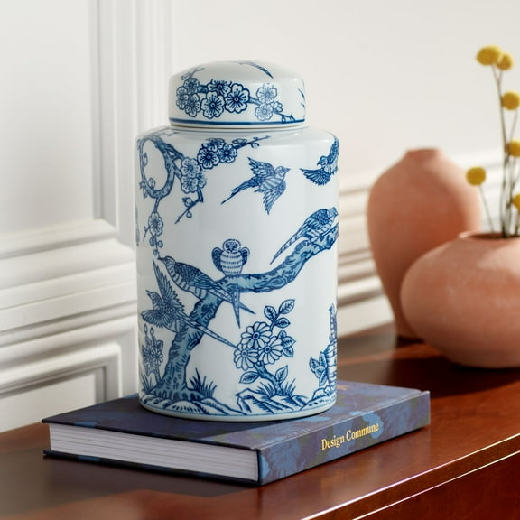 Dahlia Studios Heather 12" High Blue and White Ceramic Ginger Jar