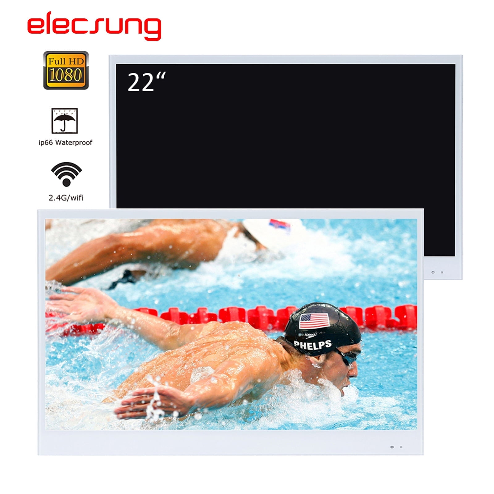 Elecsung 22 inches White Color LED Smart TV Waterproof Bathroom Television IP66 Shower TV ATSC Tuner WiFi
