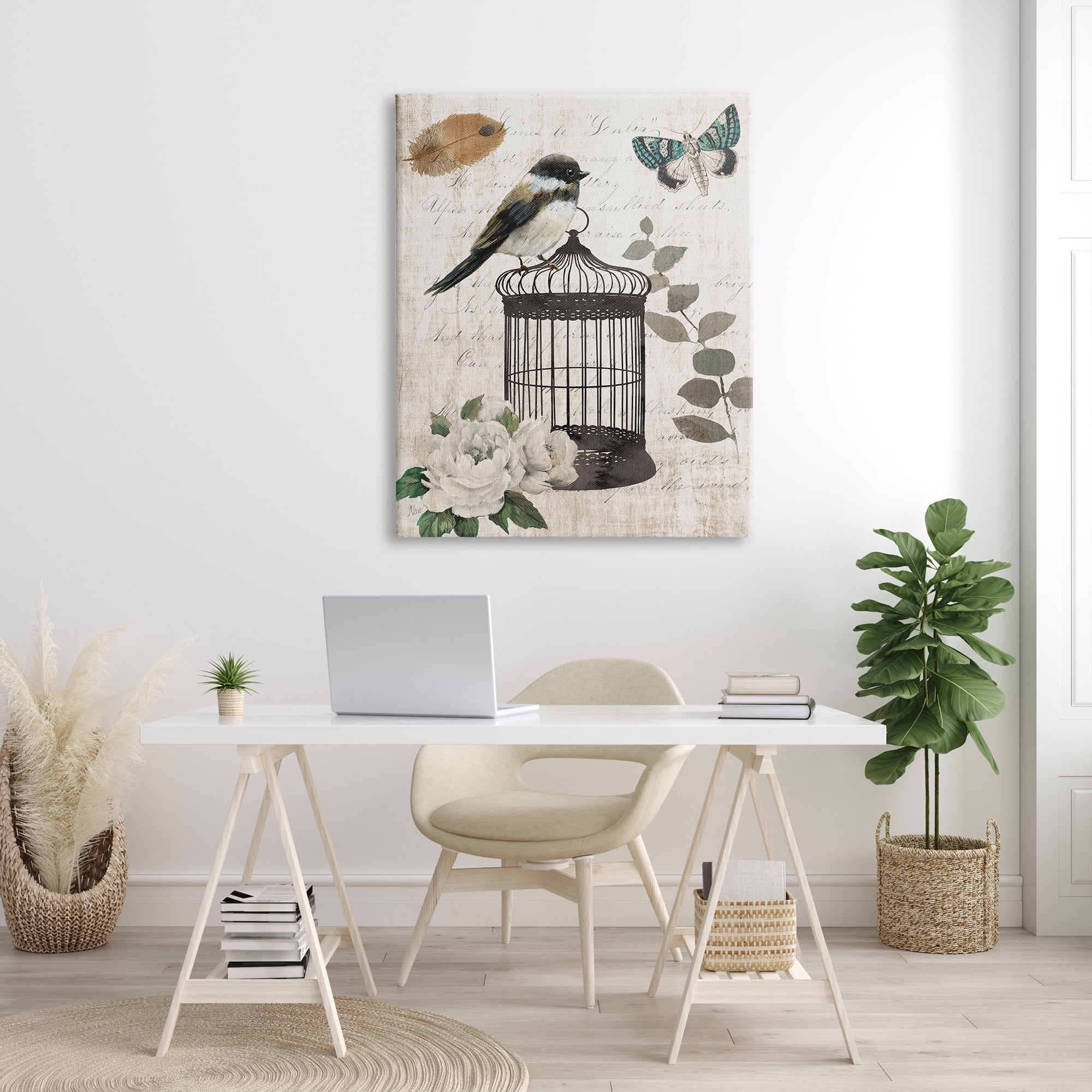 Stupell Industries Vintage Bird Cage Butterfly Floral Script Words Graphic Art Gallery Wrapped Canvas Print Wall Art, Design by Nan