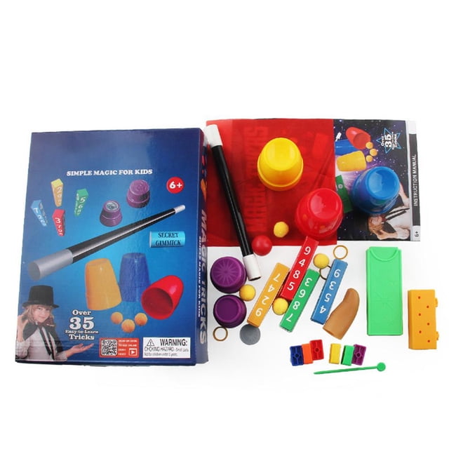 Magician Wand Set For Kids, Over 30 Easy To Learn Tricks, Educational Toys, Perform A Complete Magician Show, Durable And Portable. The set includes a black magician wand, colorful cups and balls, numbered blocks, and other props for performing magic tricks. The packaging highlights over 35 tricks and is designed for children aged 6 and up. The props are made of lightweight, durable plastic and come in vibrant colors. Ideal for portable use and educational fun.