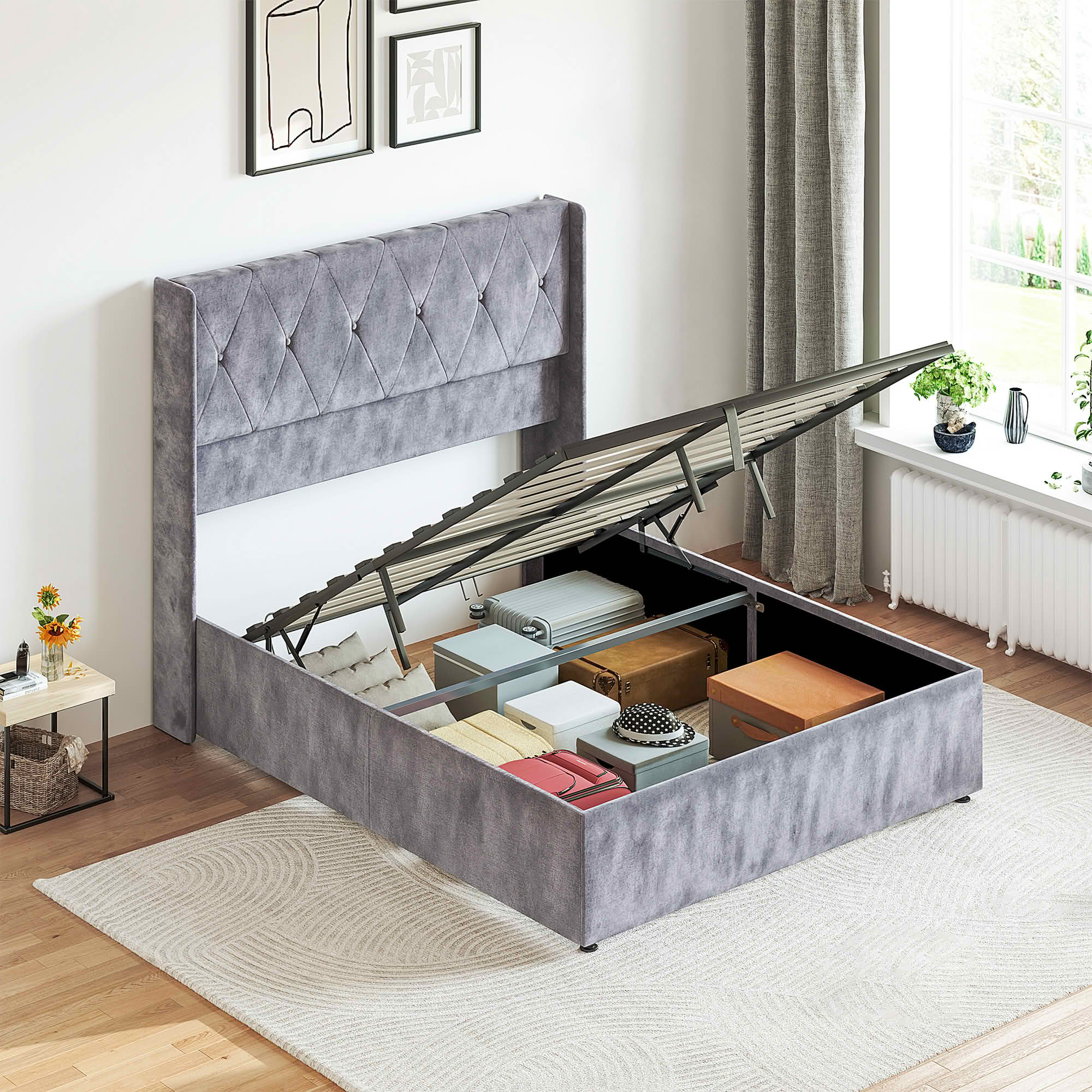 MAYEERTY Queen Size Hydraulic Lifting Storage Bed Soft Padded Platform Bed Frame Headboard with Backrest