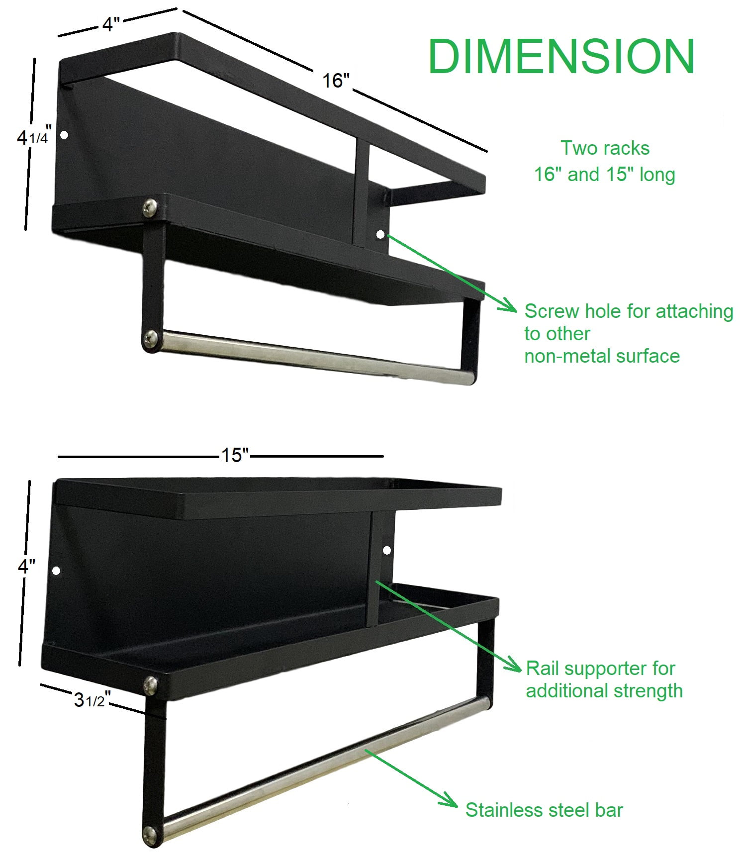 Two magnet shelves (15 inch and 16 inch), 6 hooks, paper towel rack. Refrigerator organizer bin. Kitchen organizer.