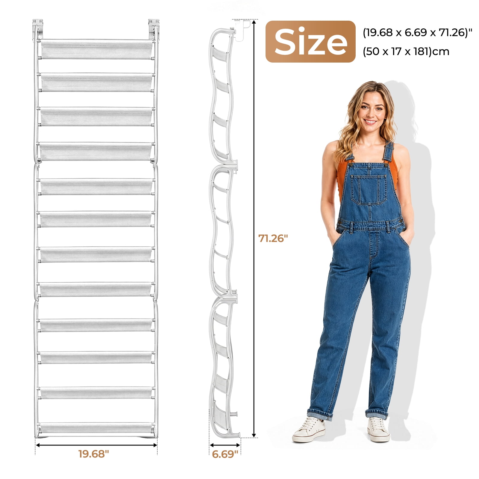 12-Tier Over-the-Door Shoe Rack with Non-Woven Fabric Dividers, White, 19.68 x 6.69 x 71.26 in