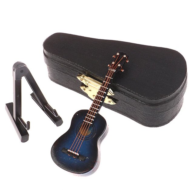 Mini modelo de guitarra en miniatura, réplica con soporte y funda, adornos de instrumentos musicales, accesorios para casa de muñecas