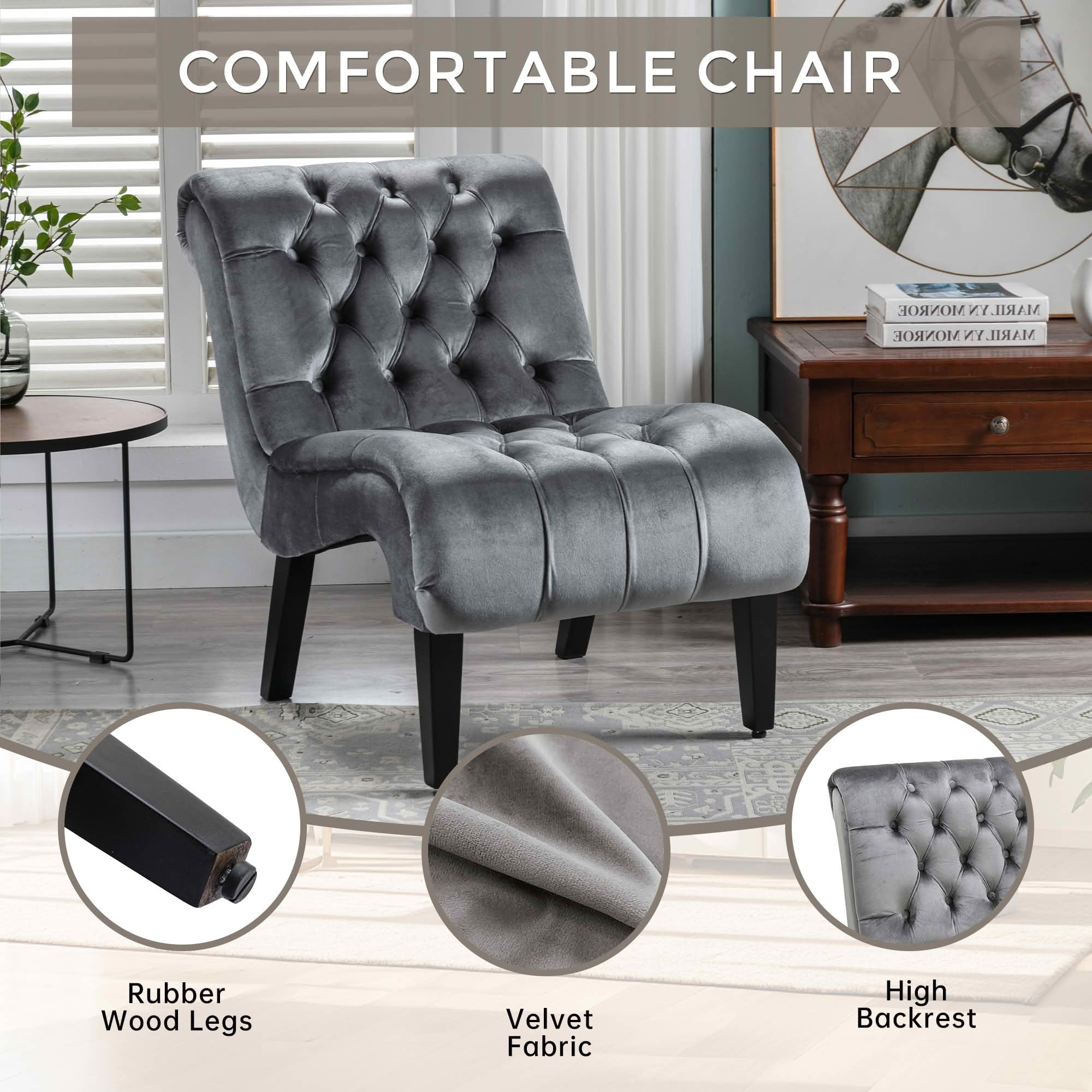MAYEERTY 22.83-Inch Velvet Button Tufted Armless Accent Chair, Upholstered Leisure Side Chair with Wooden Legs for Bedroom Living Room Office