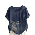 thumbnail image 2 of Spring Fashion Womens Tops under $5 Summer Cotton Linen Floral Print Short Sleeve Button Plus Size Shirts Blouses for Women $5 Workout Casual Tunic Tops Casual 2025 Blue XXXL, 2 of 5