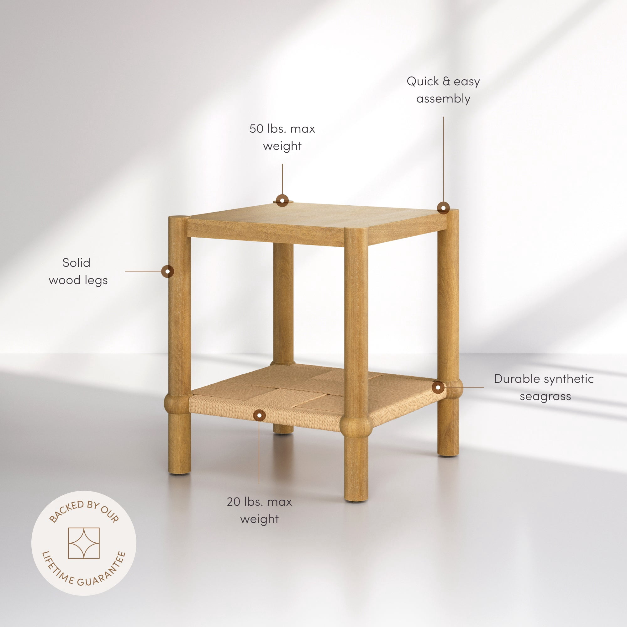 Nathan James River Modern Coastal Side Table with Solid Wood Legs and Seagrass Storage Shelf, Light Brown