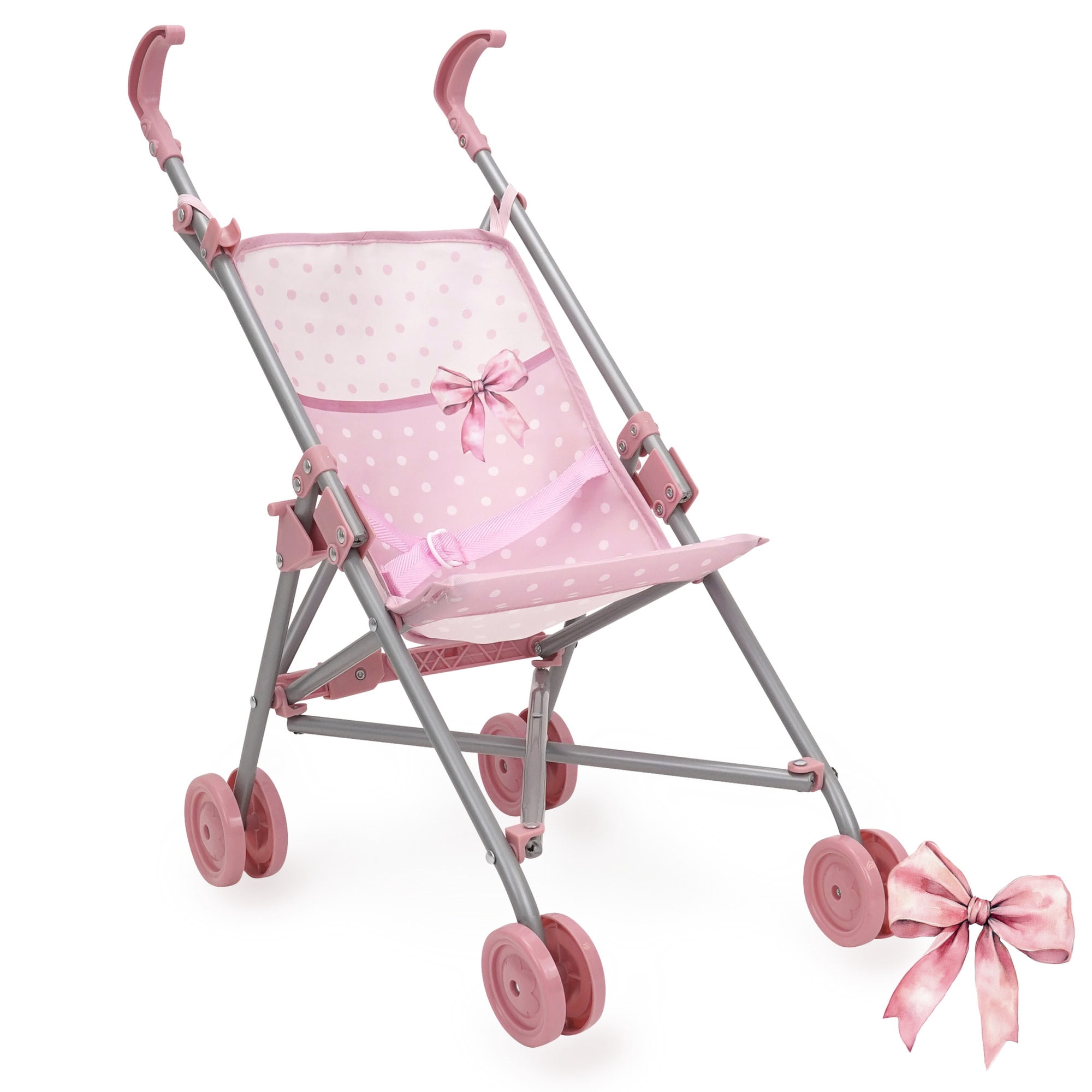 509 Crew: Bow Umbrella Doll Stroller - Pink & White, Push Buggy, Secure Safety Harness, Lightweight & Foldable, Roleplay Toy, Doll Accessory, Kids 3+