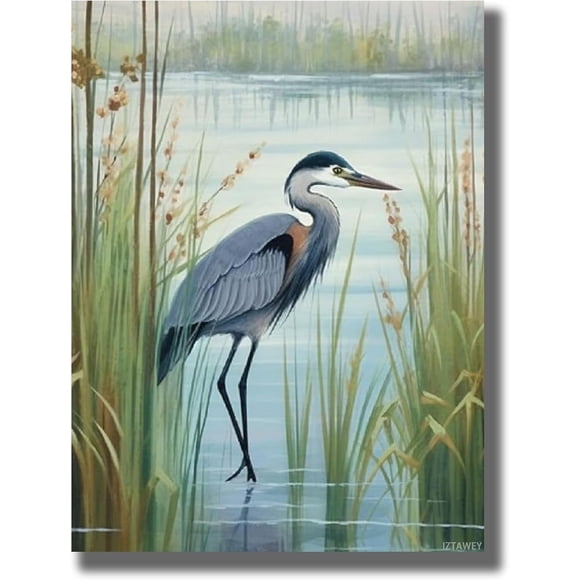Blue Heron Standing on The Lake Bird Animal Poster Canvas Print Painting Picture Wall Art Home Hallway Bedroom Living Room Decor 12x16inch Frameless