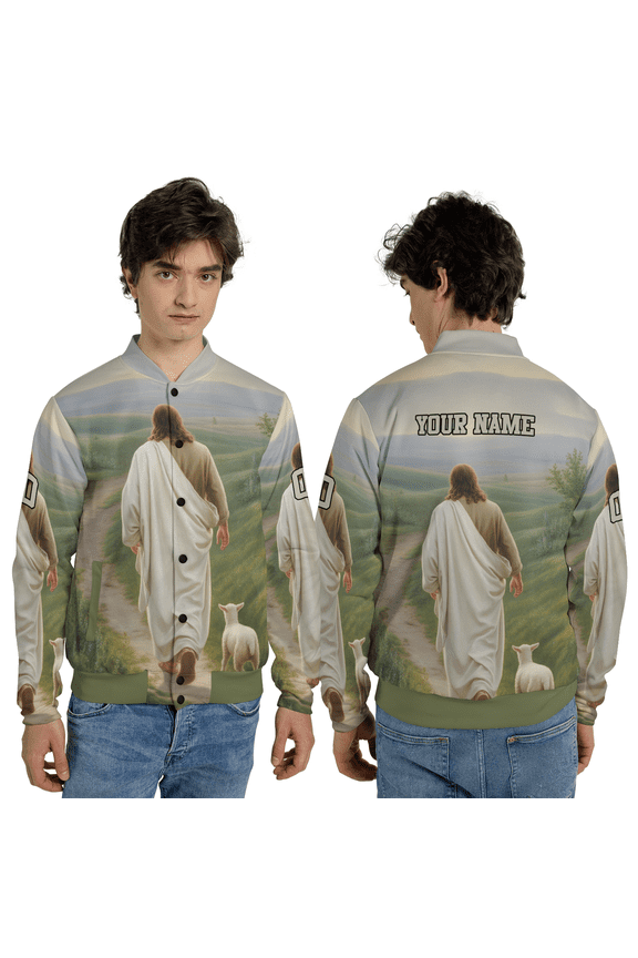Custom Jesus and Lamb Christian Jacket Personalized Faith Baseball Jacket, Religious Shepherd Jesus Graphic Outerwear
