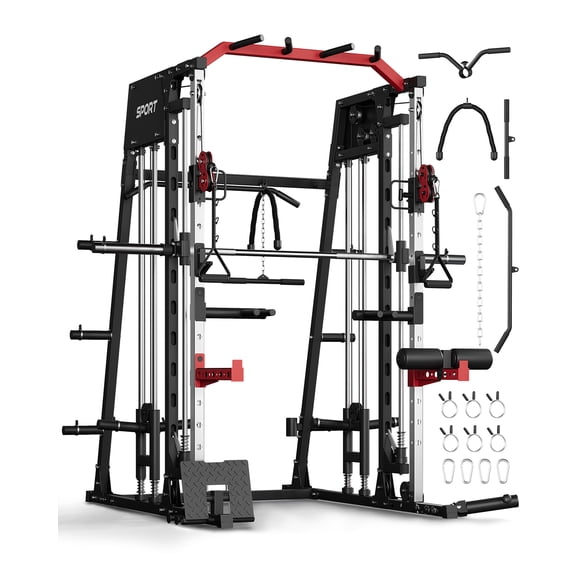 Ourlova Smith Machine, Support de Squats à Cage Motorisée avec Croisement de Câbles, Système à Double Poulie, Barre de Traction, Équipement d'Entraînement à Domicile avec Accessoires pour l'Entraînement de Force et l'Haltérophilie