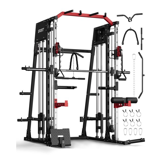 Ourlova Smith Machine, Power Cage Squat Rack with Cable Crossover, Dual Pulley System, Pull-Up Bar, Home Gym Workout Equipment with Attachments for Strength Training and Weightlifting