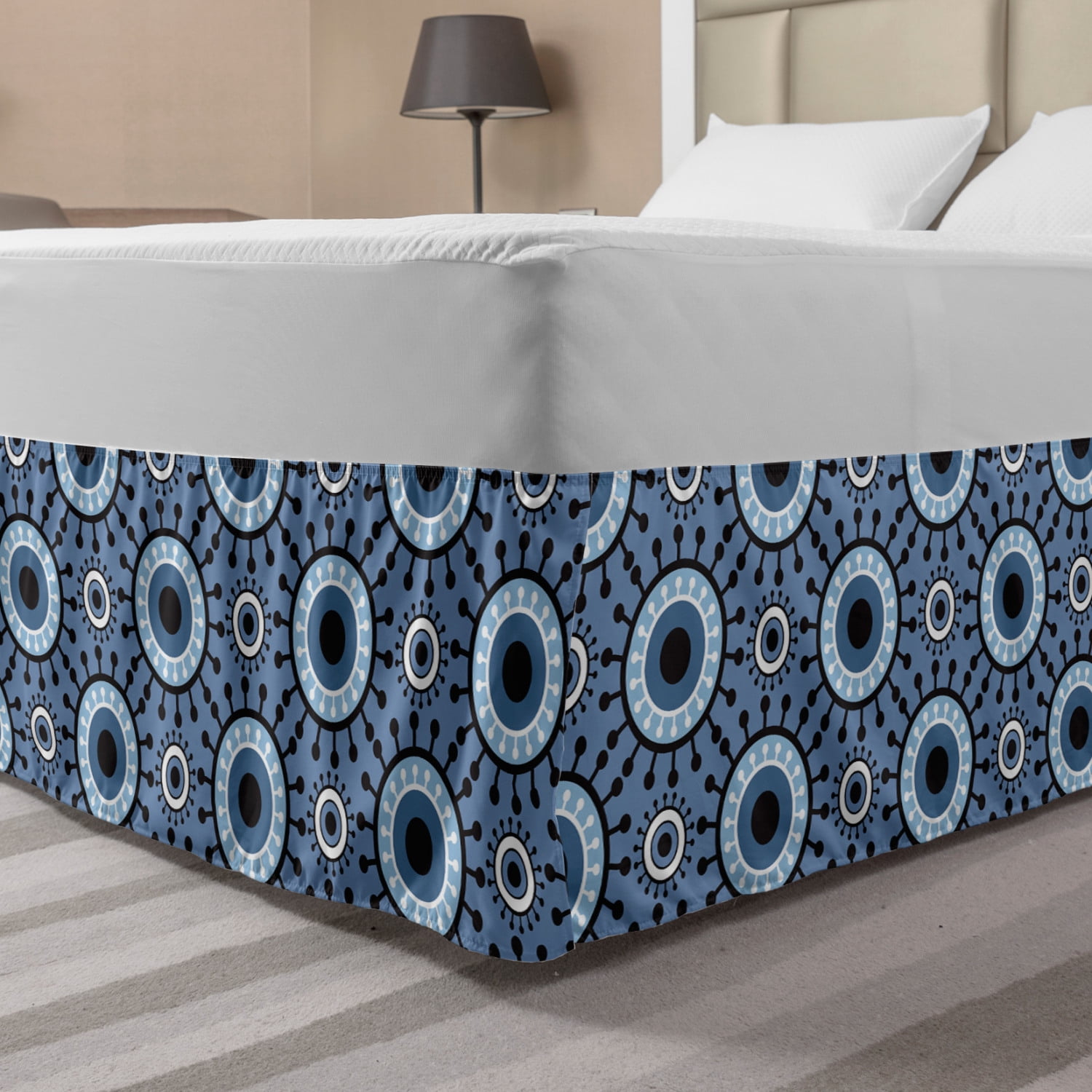 Blue and White Bed Skirt, Circles with Floral Elements and Dots