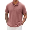 thumbnail image 2 of Kalauyu Mens Striped Knit Tops Summer Cotton Blend Short Sleeve T Shirts Loose Turn Down Collar with Pocket Button Daily Casual Shirts, 2 of 5