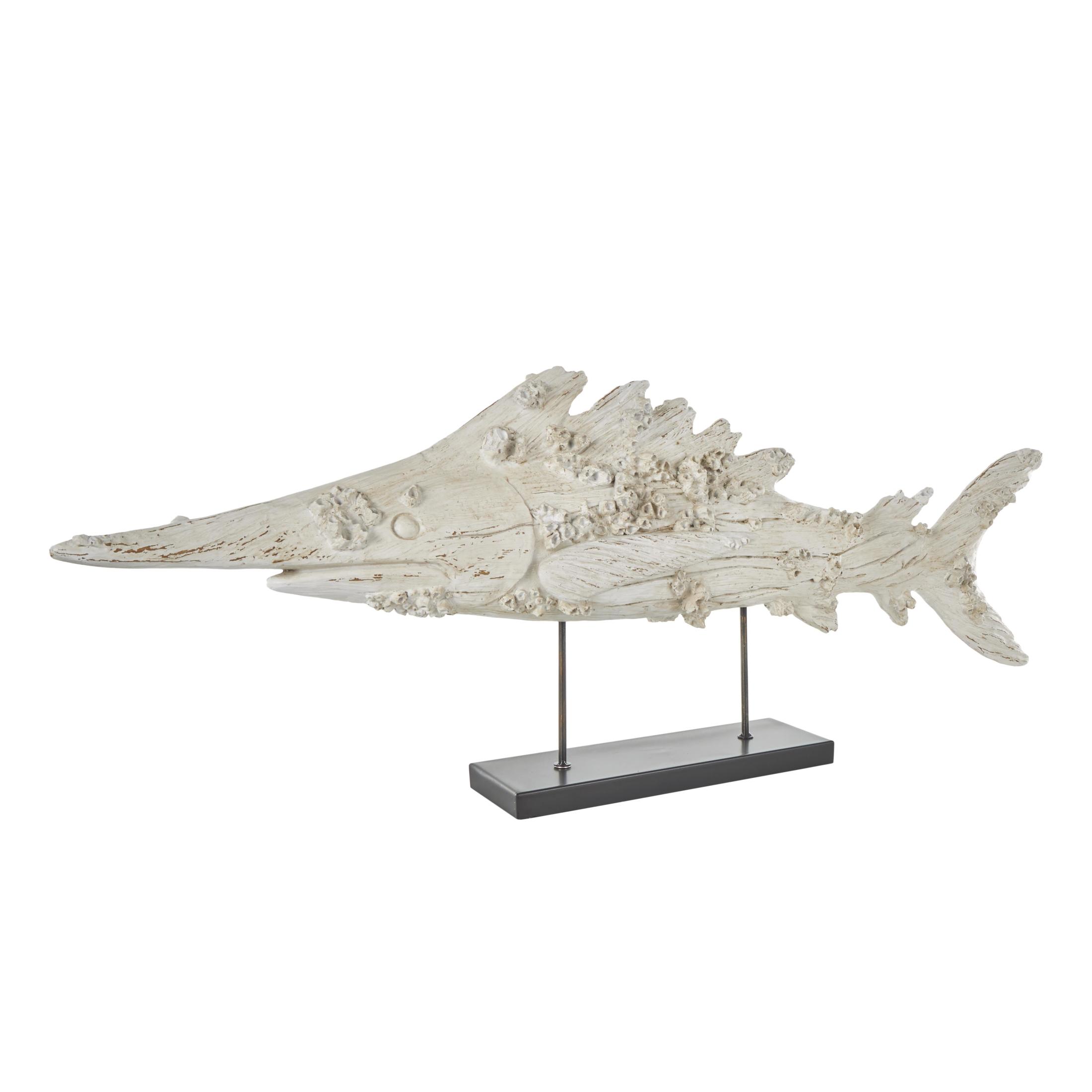 44" x 16" Cream Polystone Textured Fish Sculpture with Brown Distressing and Black Metal Stand, by DecMode