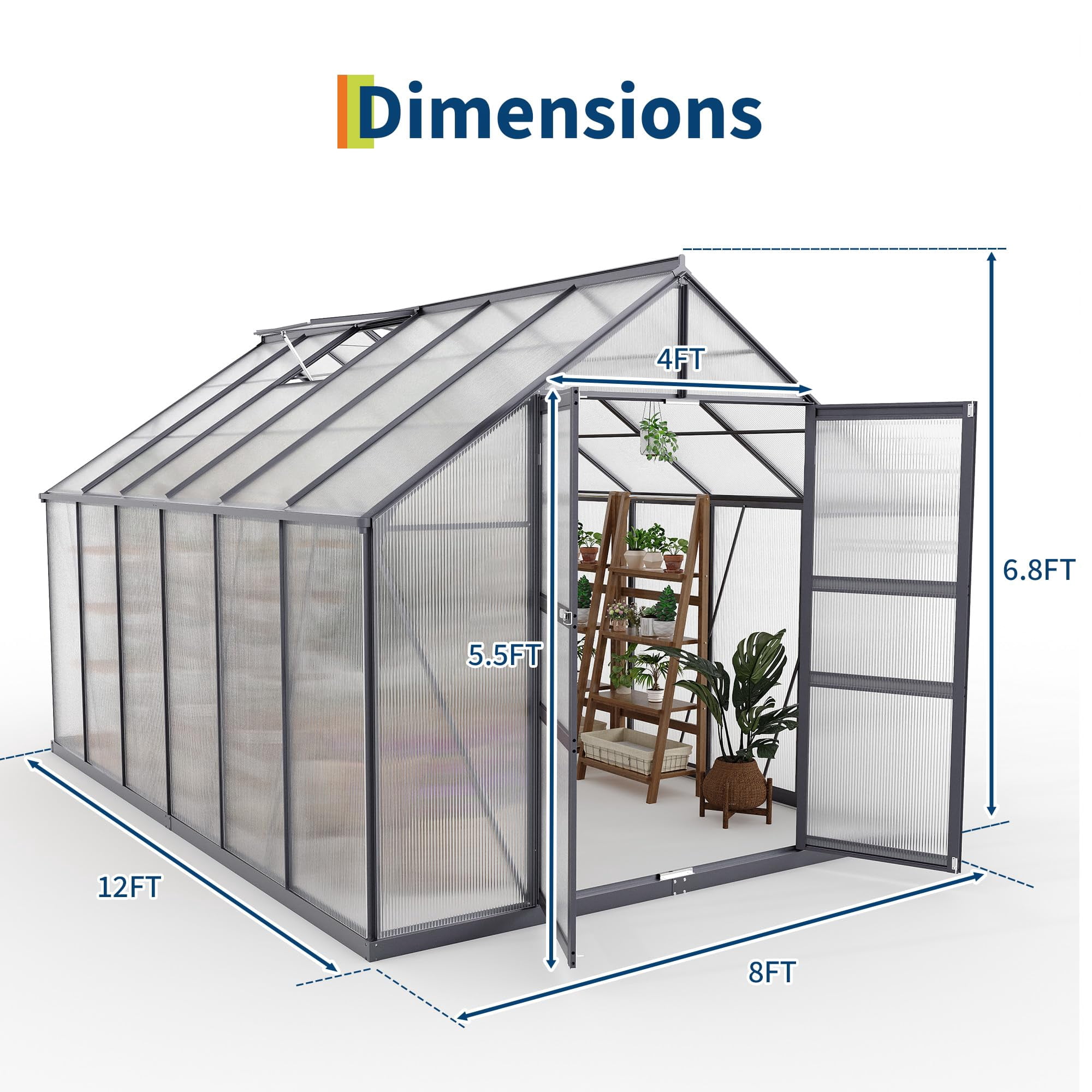 12x8ft Heavy Duty Walk-in Greenhouse, Aluminum Frame & Twin Wall Polycarbonate Panels, Ventilated with Rain Gutter System for Backyard & Patio Gardening