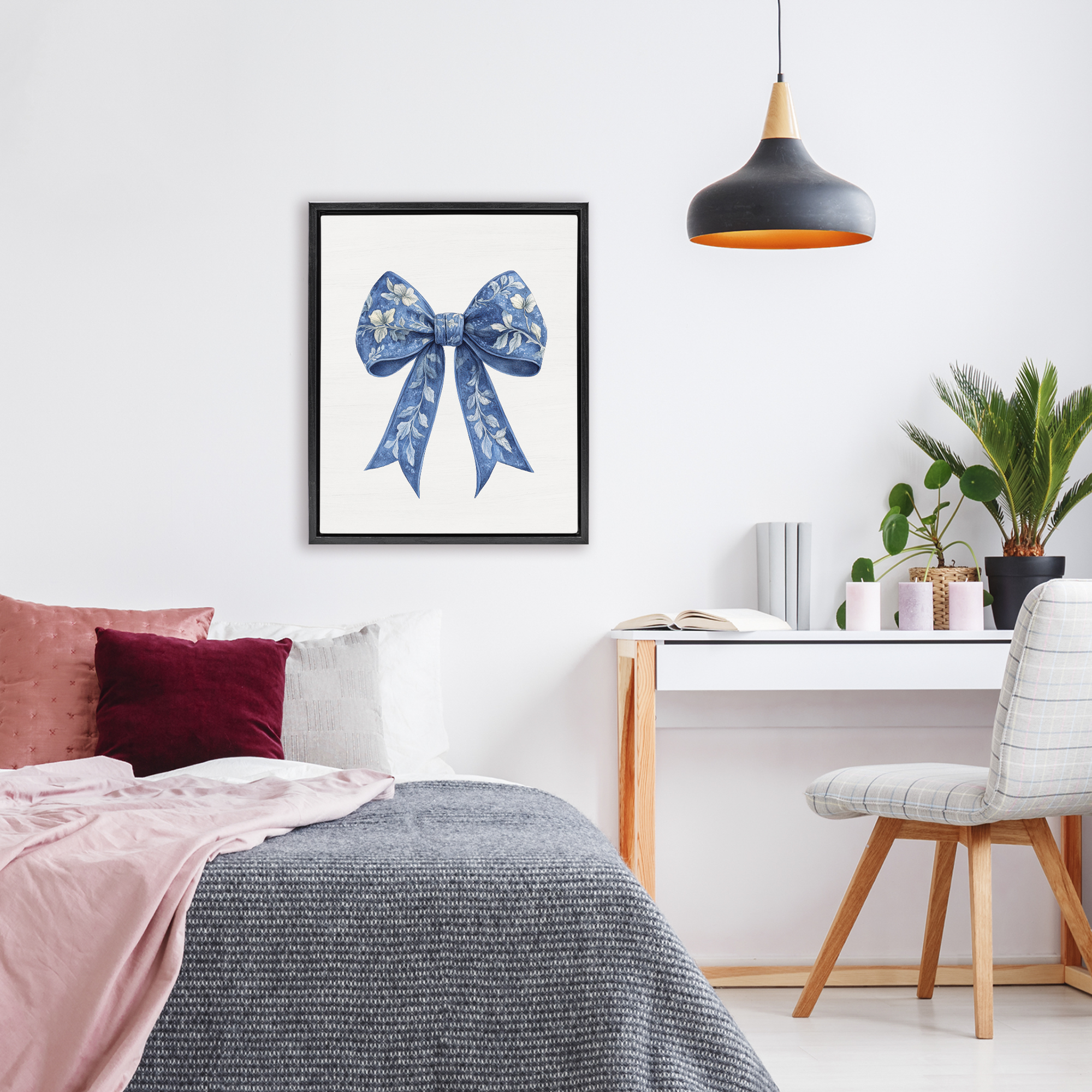 Intricate Florals Ribbon Black Framed Floater Canvas Wall Art, design by Lettered and Lined