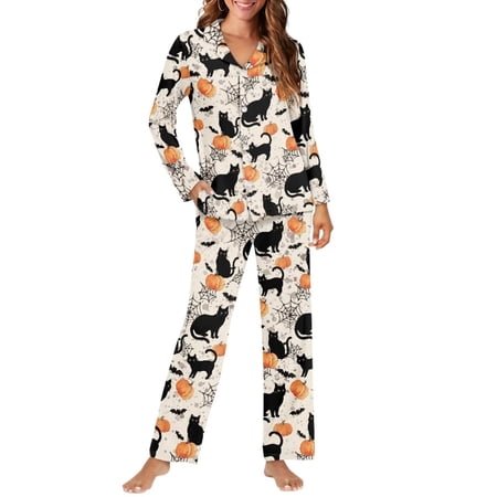 HUIACONG Beige Black Cat Pumpkin Print Women s 2 Piece Pajama Set Notch Collar Button Front Long Sleeve Breathable Quick Dual Pockets Elastic Waist for Home Lounging Sleepwear