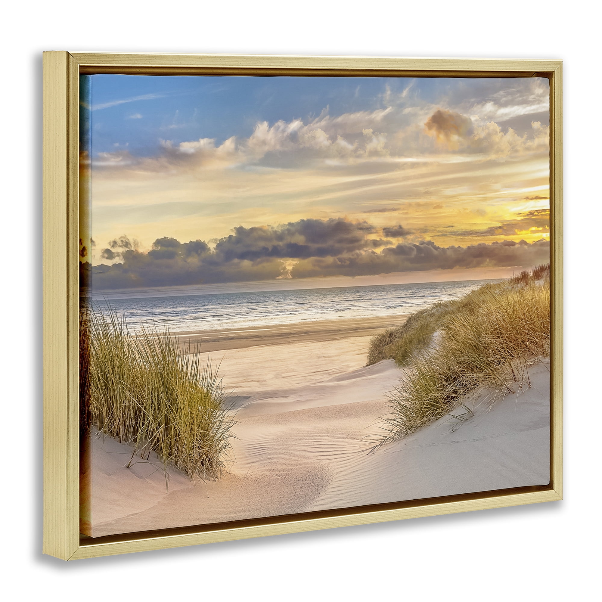 Stupell Industries Serene Beach Between Dunes Landscape & Nature Photography Gold Floater Framed Canvas Art Print Wall Art, 25 x 31