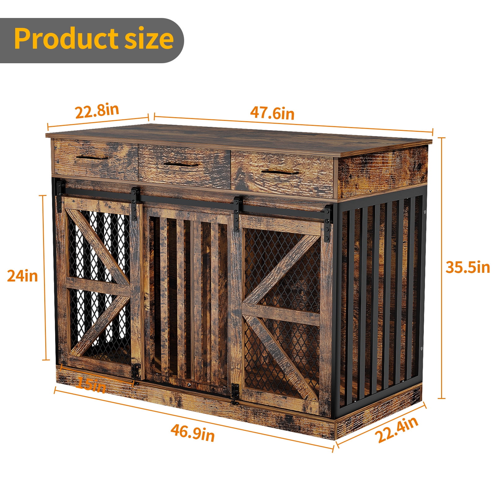 ModFurne 48' Dog Crate Furniture with Removable Divider & Storage Drawers, Wooden Double Dog Cage TV Stand with 2 Sliding Barn Doors