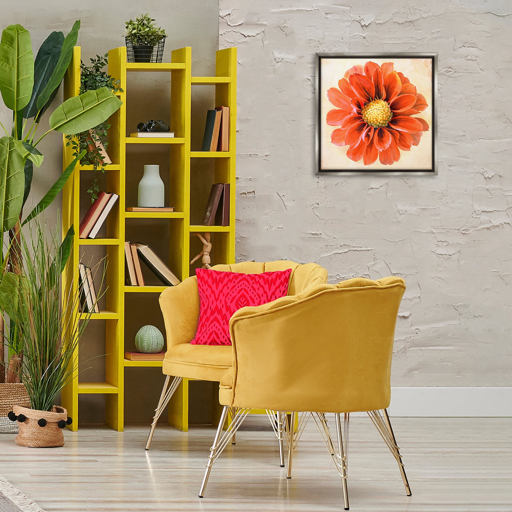 Stupell Industries Orange Dahlia Bloom Plants & Flowers Painting Gray Floater Framed Canvas Art Print Wall Art, 18 x 18