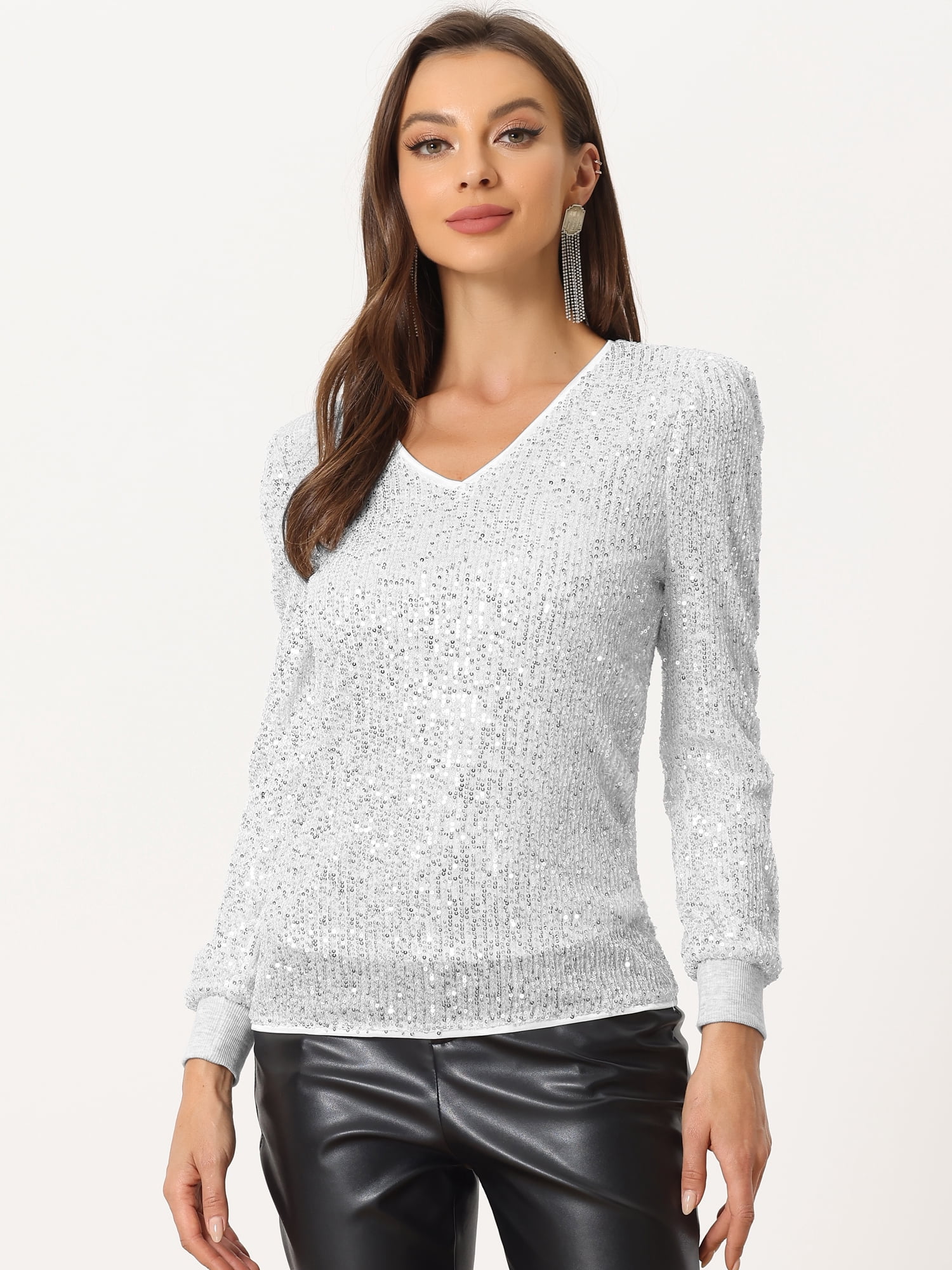 DARING DIVA Women's Sparkly Sequin Top V Neck Blouse XS Silver