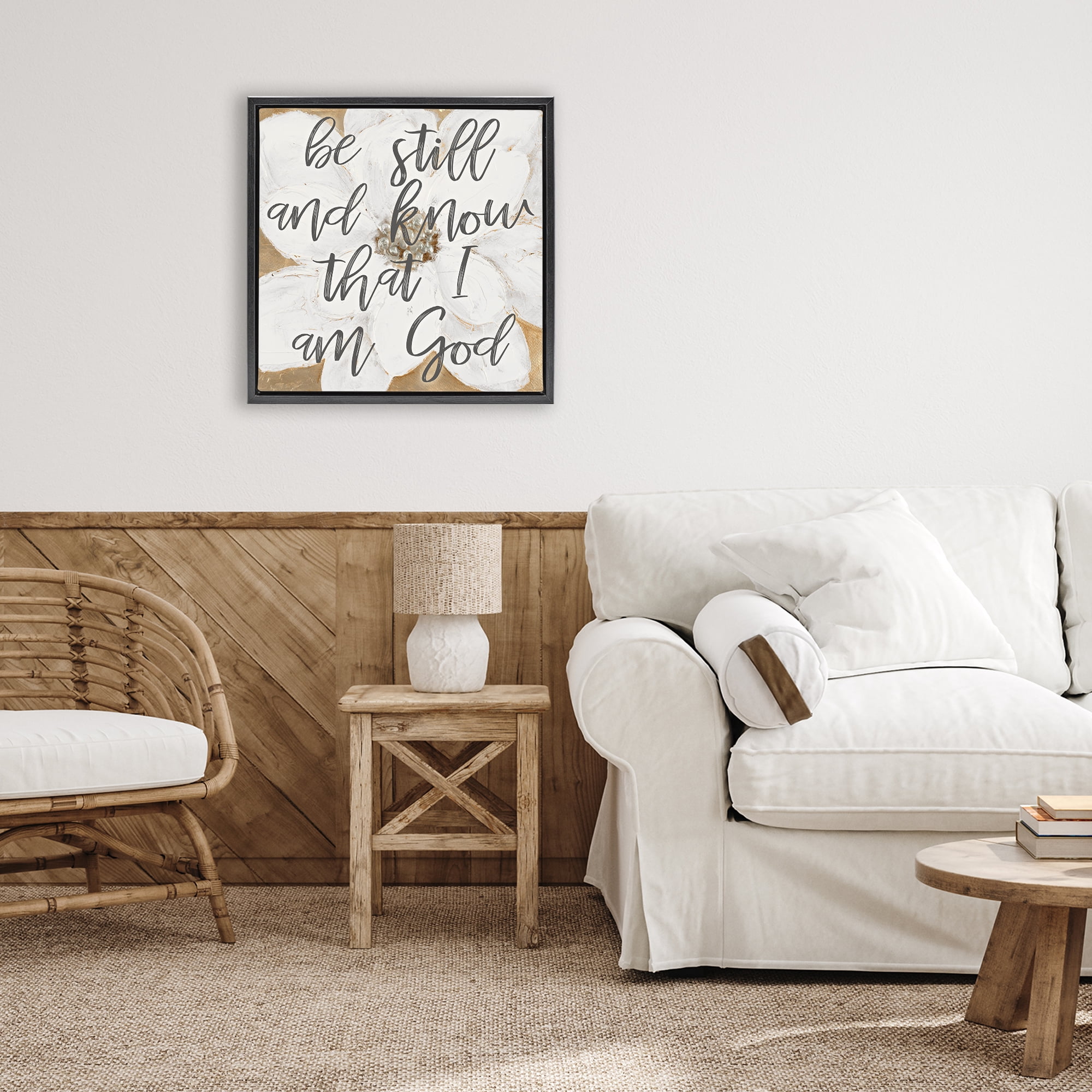 Stupell Industries Be Still Script with Flower Black Framed Floater Canvas Wall Art, design by Lanie Loreth
