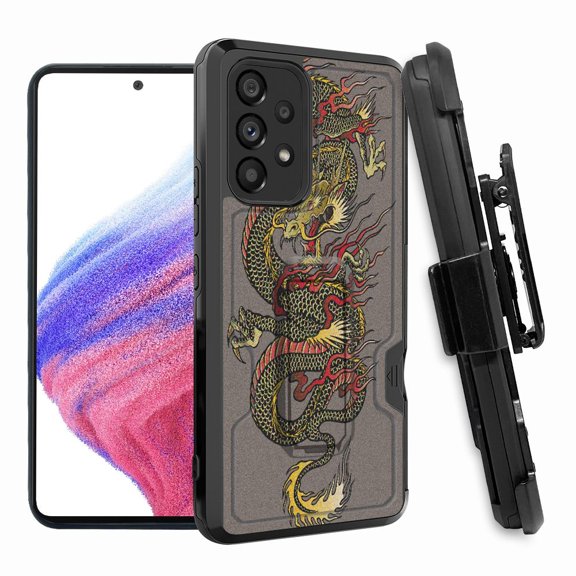 ANJ  Rugged Shockproof Hoster Case w/Card Slot, Kickstand   Tempered Glass Cover for Samsung Galaxy A33 5G - Chinese Dragon (Tan)