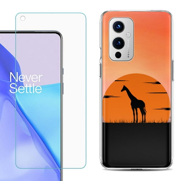 Slim-Fit TPU Phone Case Compatible with OnePlus 9 5G, with Tempered Glass Screen Protector, by OneToughShield ® - Sunset Giraffe